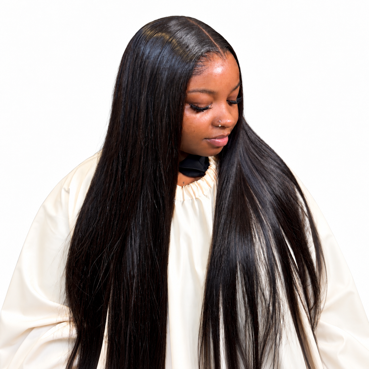 Bone Straight human hair wig in Natural Black, single donor hair